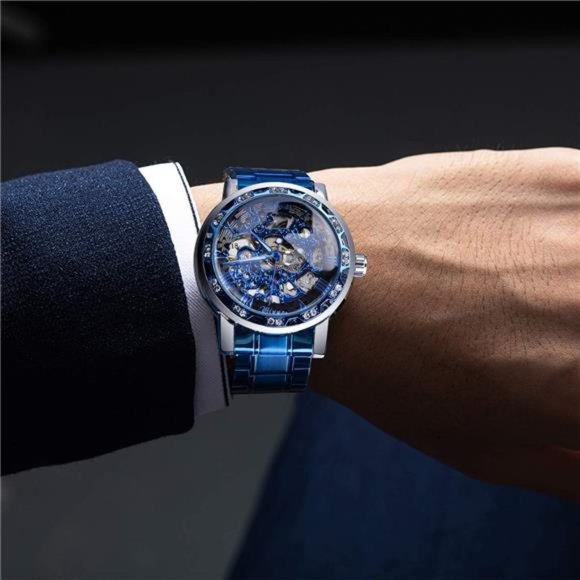 Retro Manual Mechanical Skeleton Watch with Diamond and Carving Flower, Blue - Picture 5 of 6